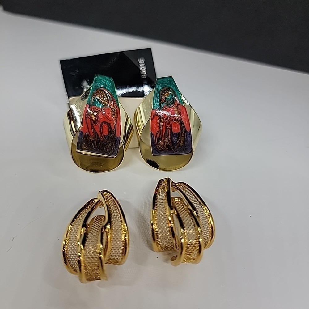 Two Pairs Unique Handmade Large Pierced Earrings Goldtone Mesh Swirl Colors